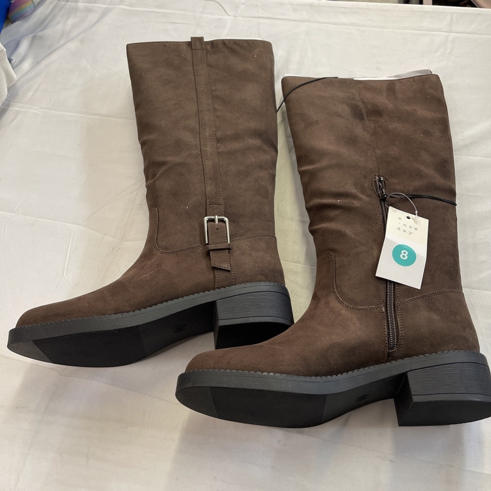 A New Day Womens Brown Faux Suede Knee High Boots Side Zip Buckle Memory Foam